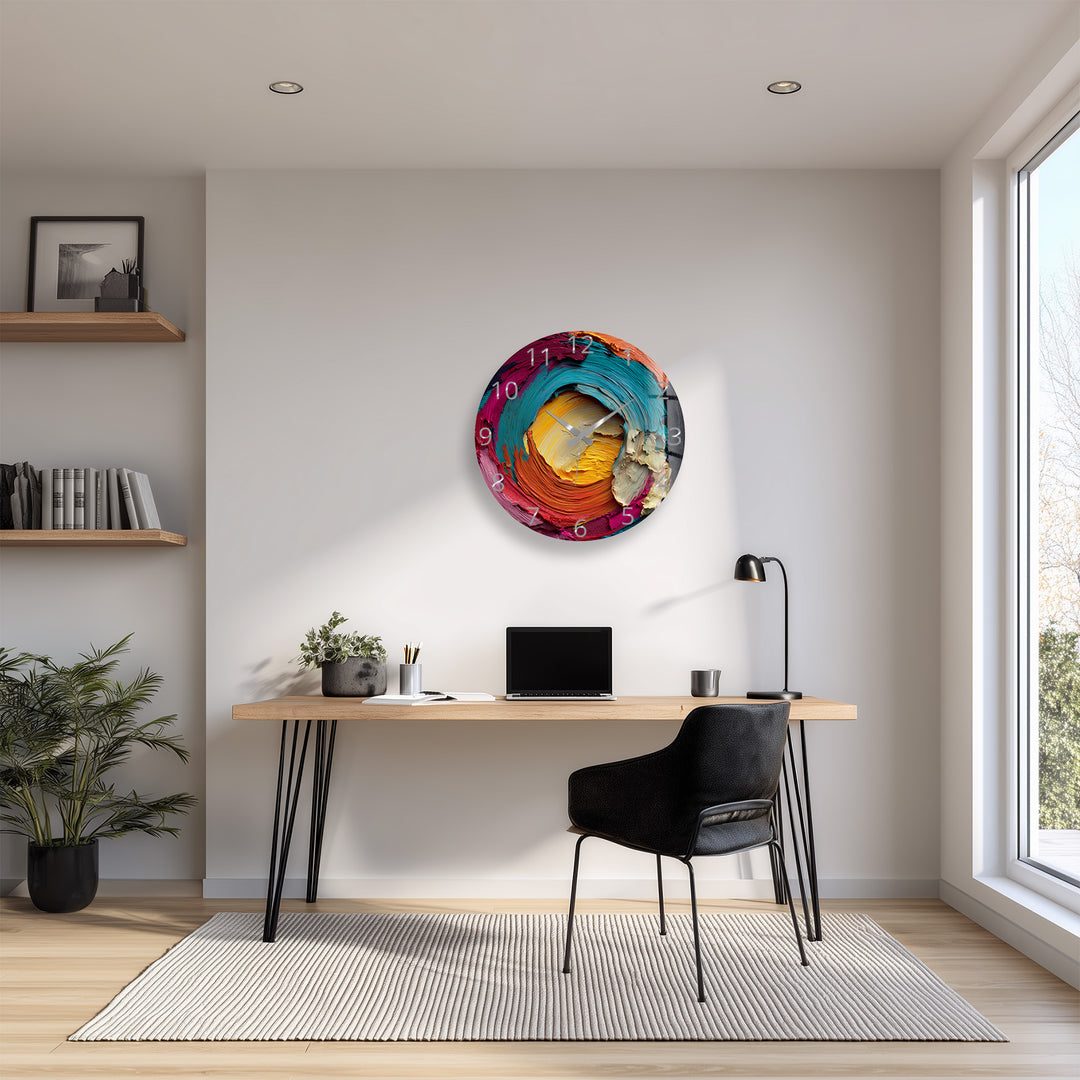 Colorful Abstract Glass Wall Clock – Vibrant Impasto Swirl Art
