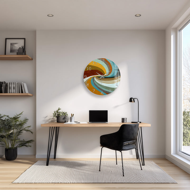 Retro Wave Glass Wall Clock – Teal and Mustard Abstract Decor
