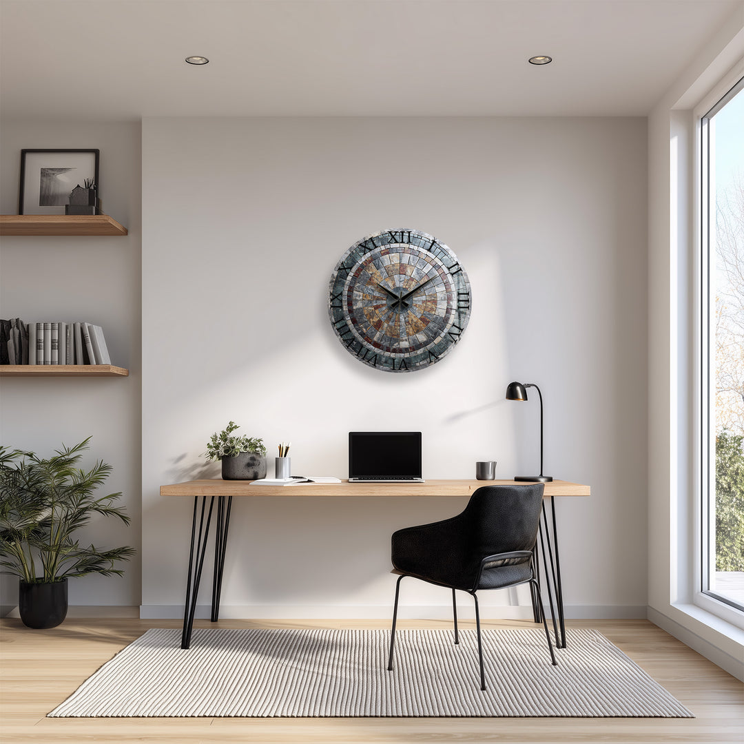 Stone Mosaic Glass Wall Clock – Rustic Geometric Decor