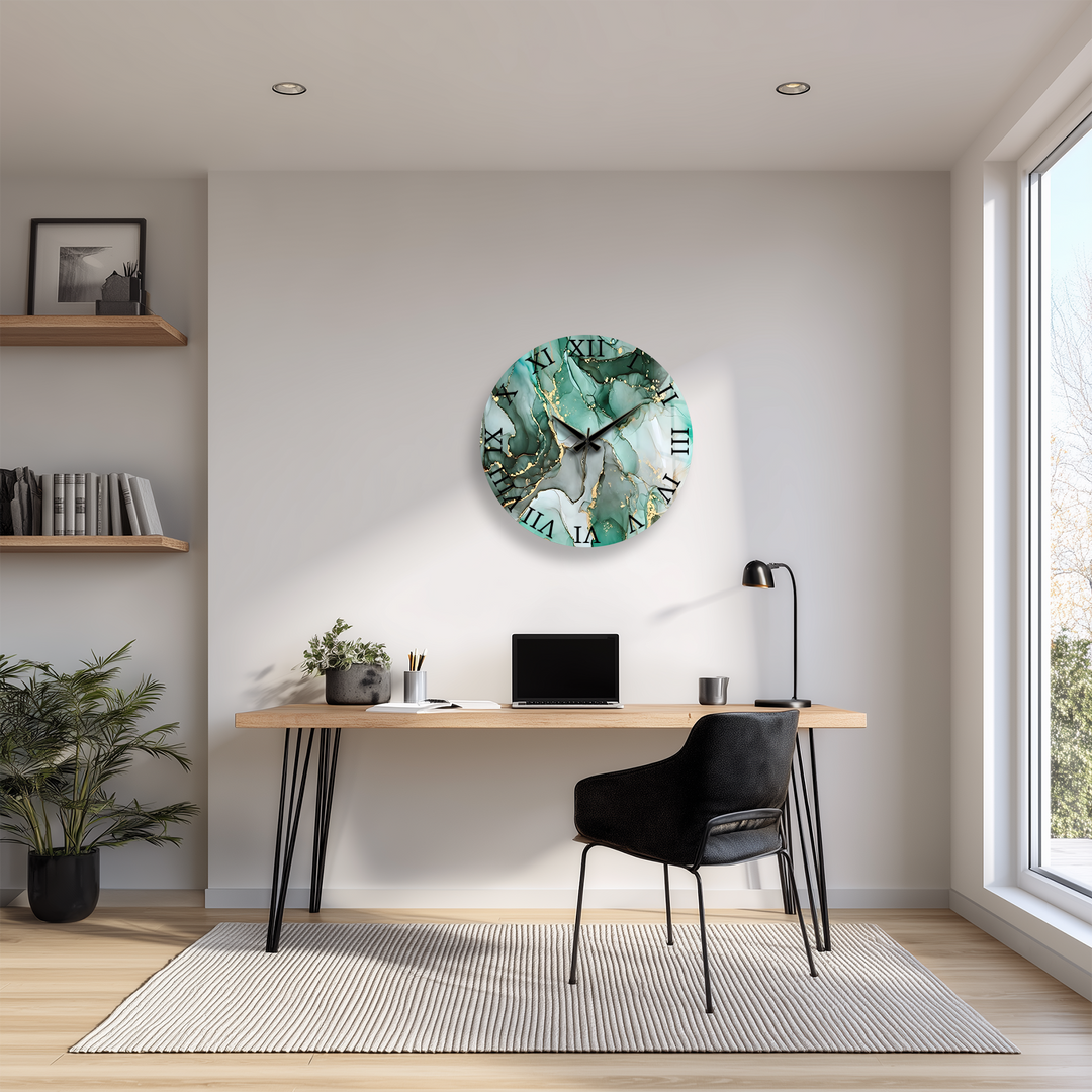 Emerald Green Marble Glass Wall Clock – Gold Accent Decor