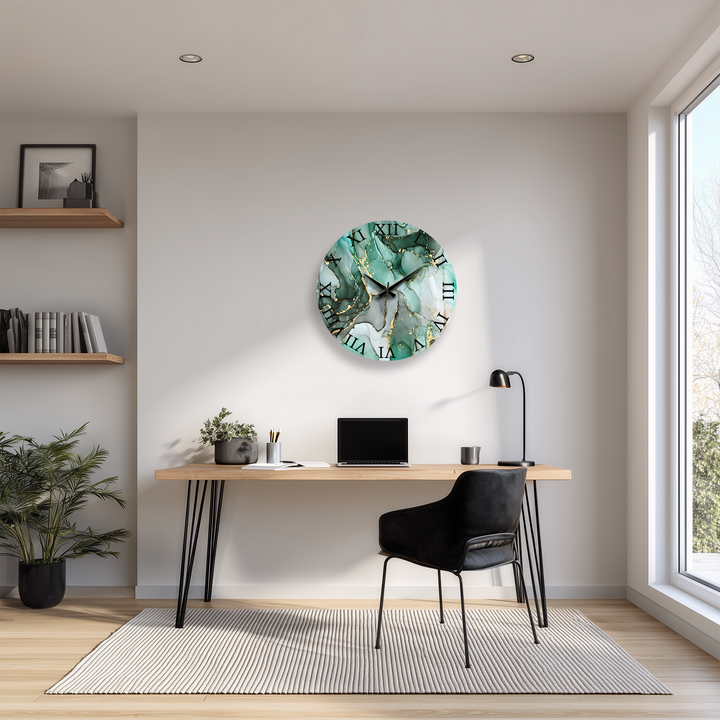Emerald Green Marble Glass Wall Clock – Gold Accent Decor
