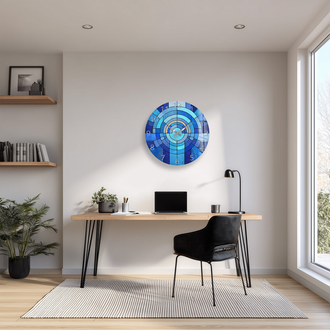 Blaue geometrische Glas-Wanduhr – Dekor im Buntglas-Stil