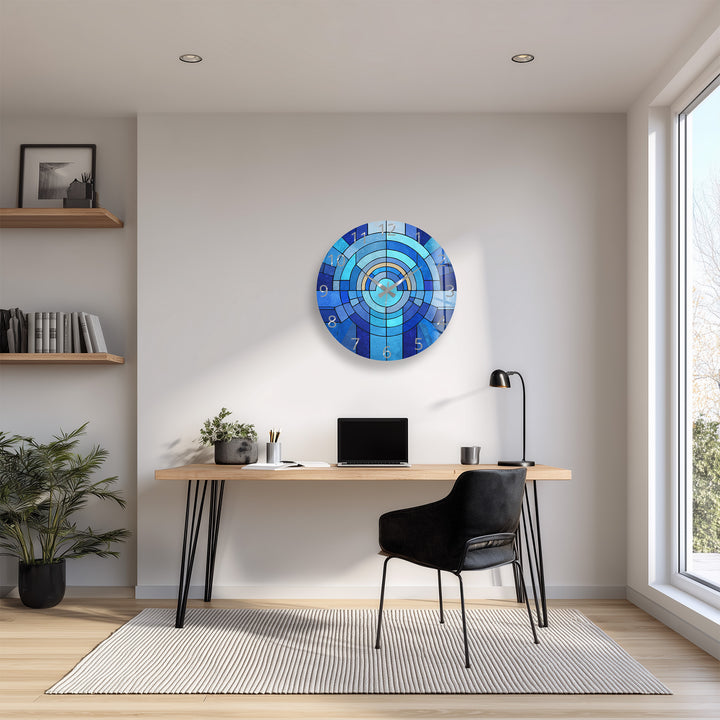 Blaue geometrische Glas-Wanduhr – Dekor im Buntglas-Stil