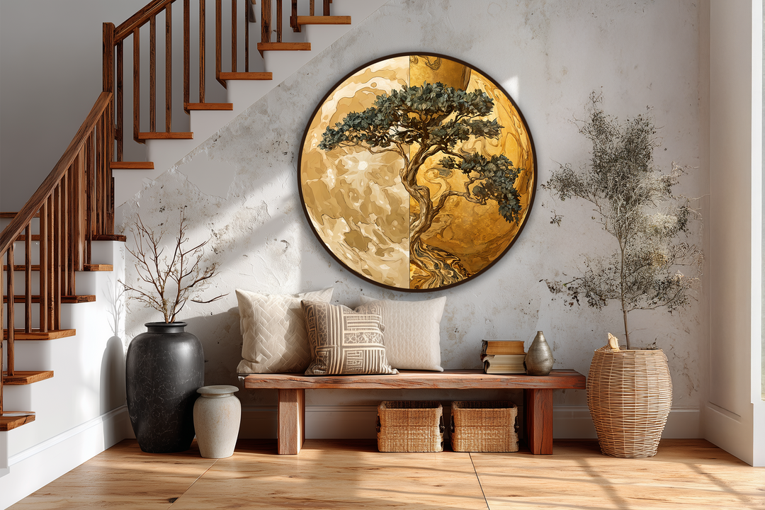The focal point is on this stunning oil painting home decor displaying a golden balance tree on a dual tone round canvas, enriching the hallway's aesthetic.