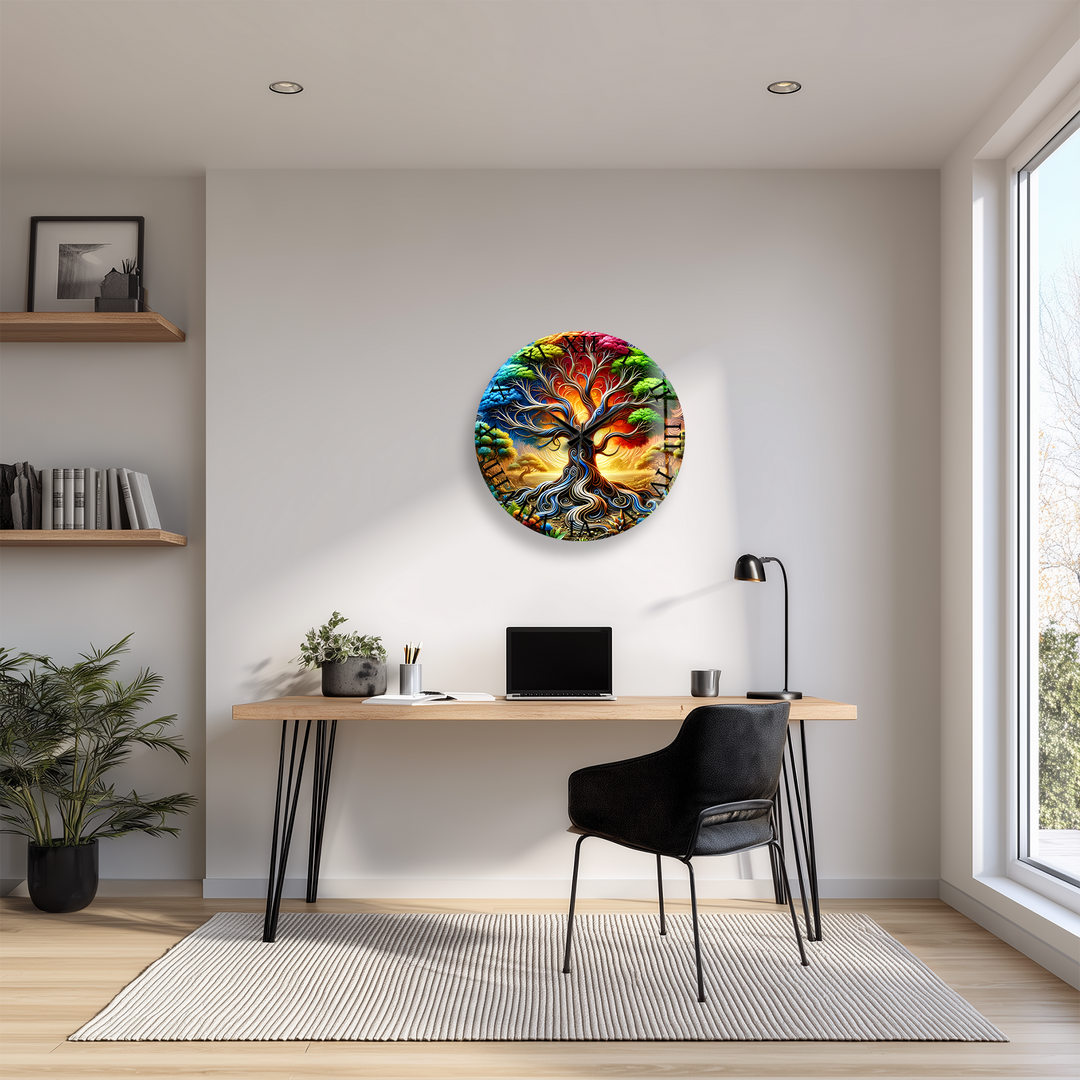 Colorful Tree of Life Glass Wall Clock – Fantasy Nature Decor