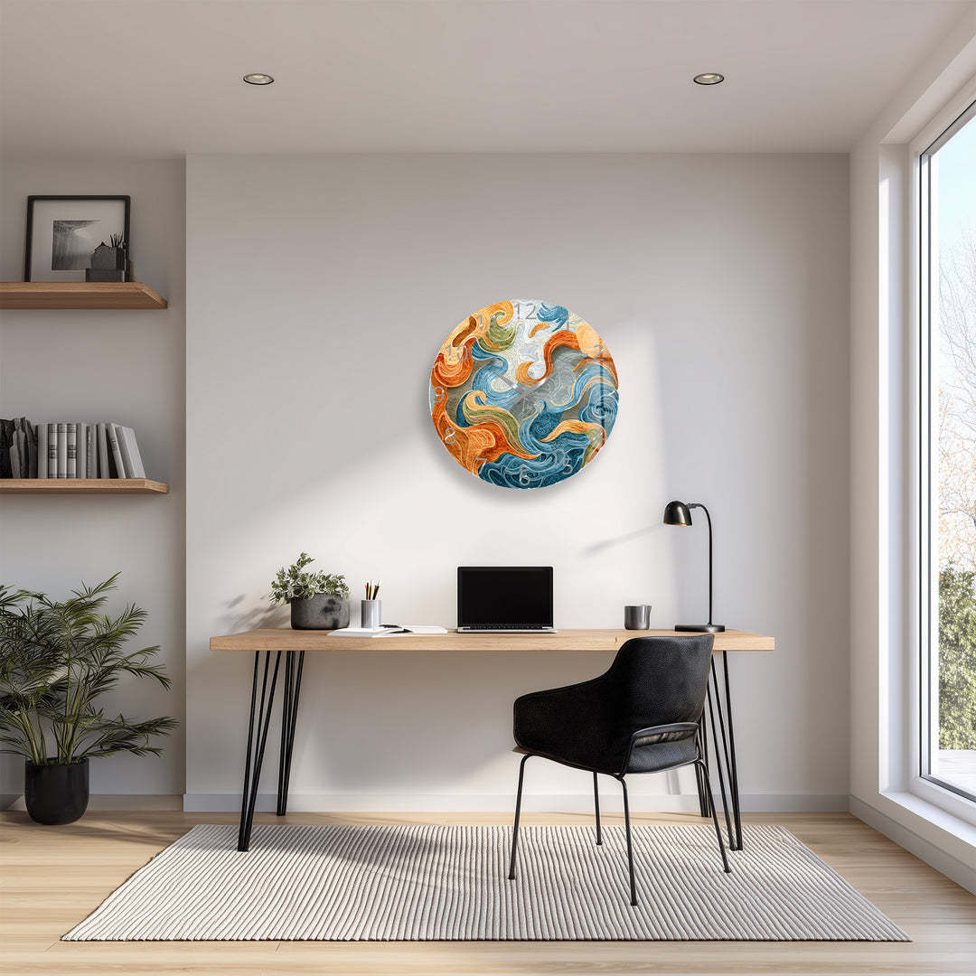 Abstract Ocean Glass Wall Clock – Blue and Orange Wave Art