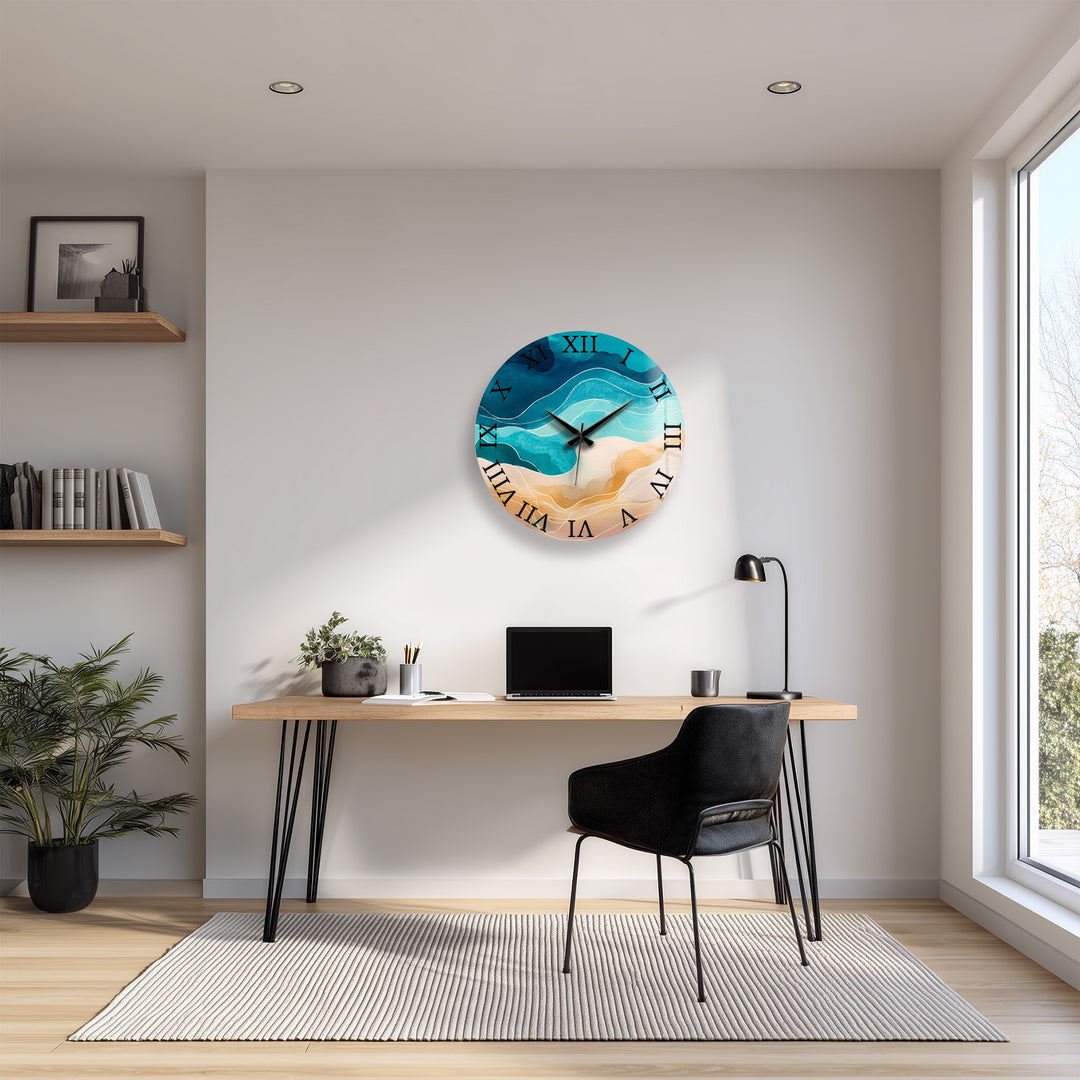 Abstract Coastal Glass Wall Clock – Blue Ocean Wave Decor