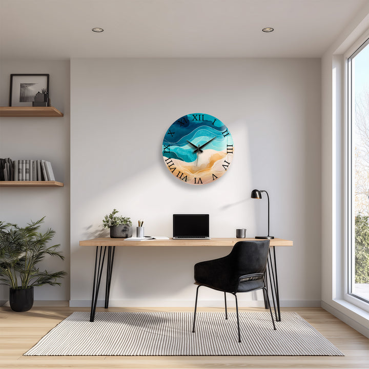 Abstract Coastal Glass Wall Clock – Blue Ocean Wave Decor