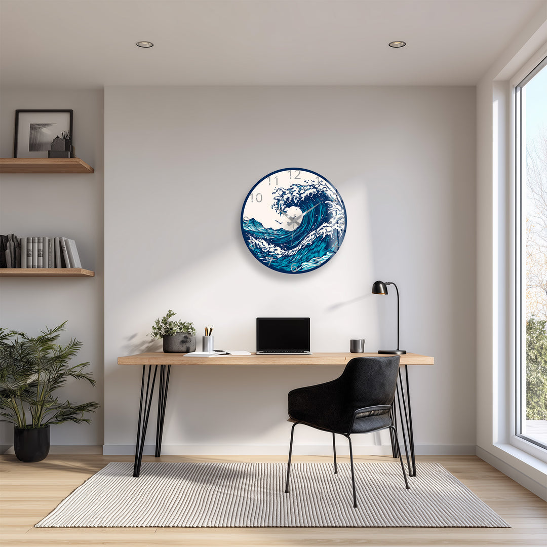 Japanese Wave Glass Wall Clock – Blue Ocean Coastal Decor