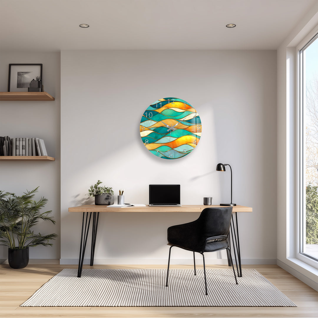 Turquoise Wave Glass Wall Clock – Abstract Stained Glass Decor