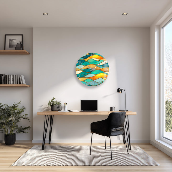 Turquoise Wave Glass Wall Clock – Abstract Stained Glass Decor
