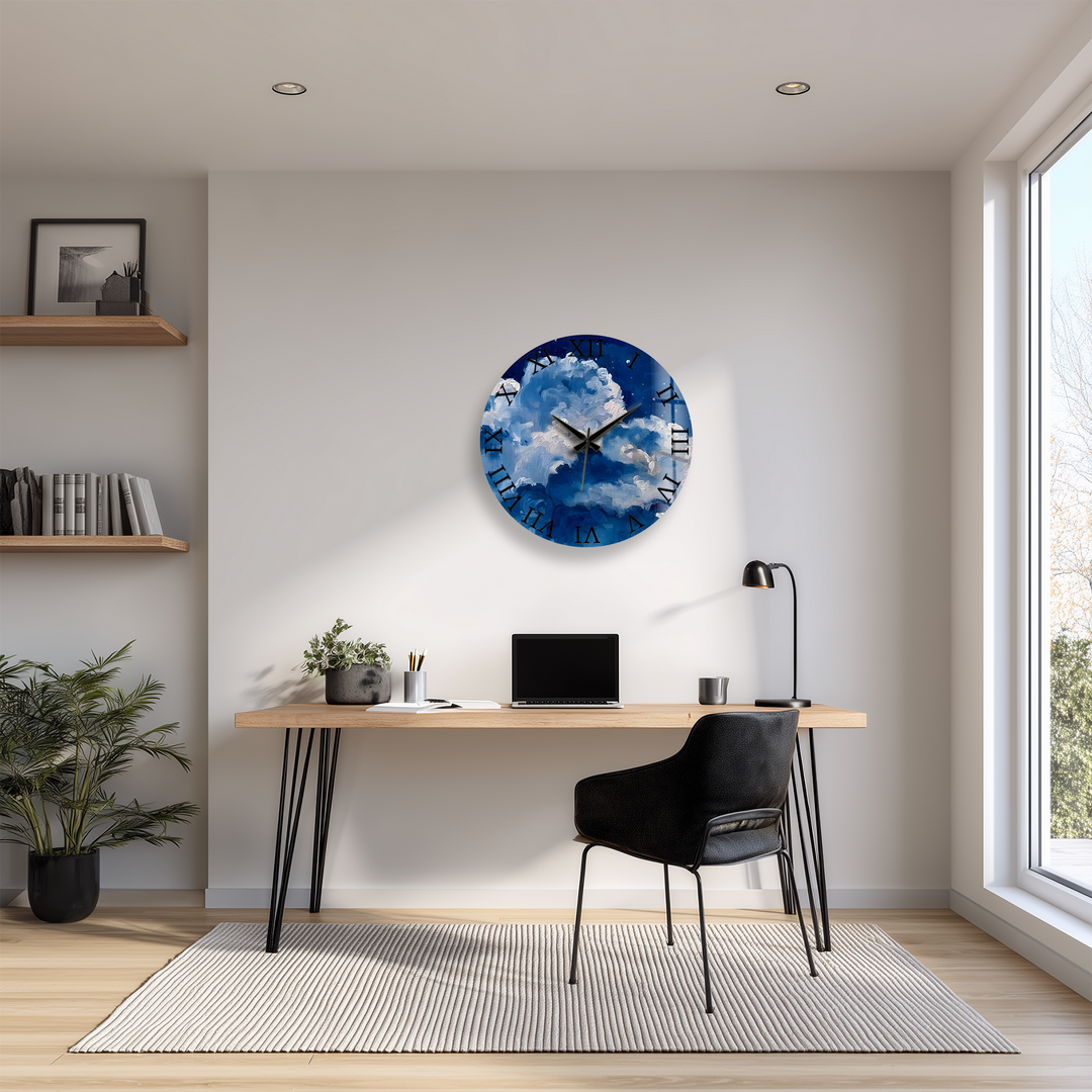Blaue Wolke Glaswanduhr – abstrakte Himmelswanddekoration