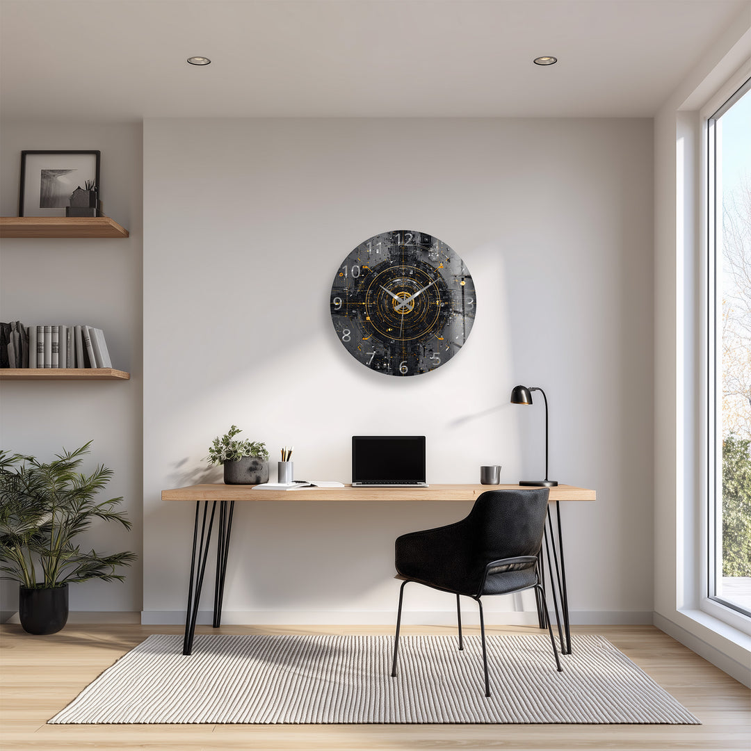 Industrial Abstract Glass Wall Clock – Black and Gold Tech Art