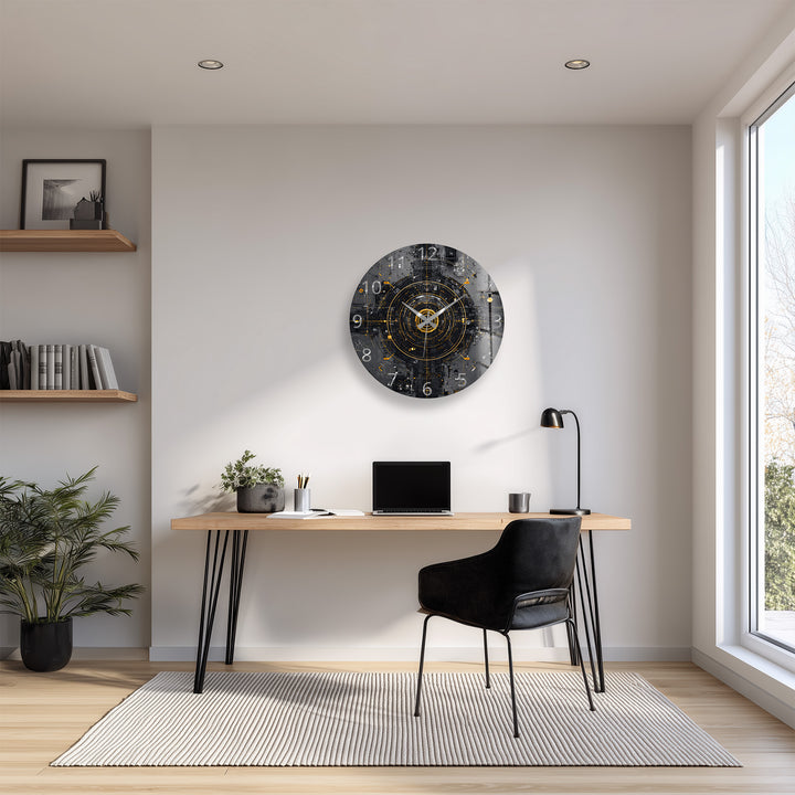 Industrial Abstract Glass Wall Clock – Black and Gold Tech Art