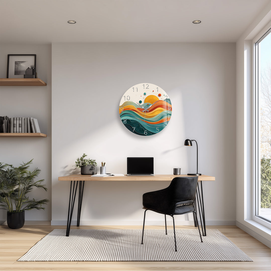 Retro Sunset Glass Wall Clock – Abstract Boho Wave Art