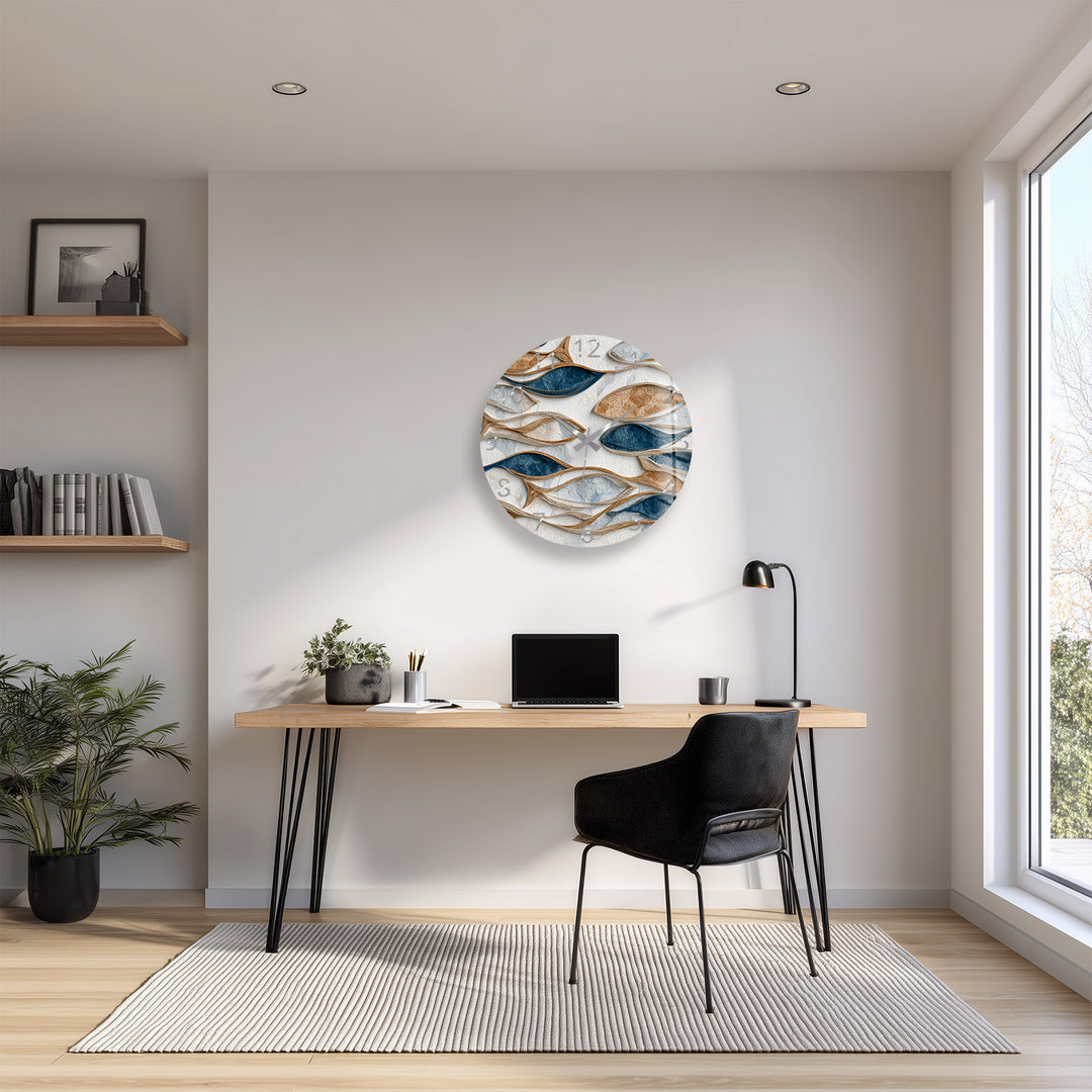 Blue and Beige Glass Wall Clock – Modern Organic Abstract Art