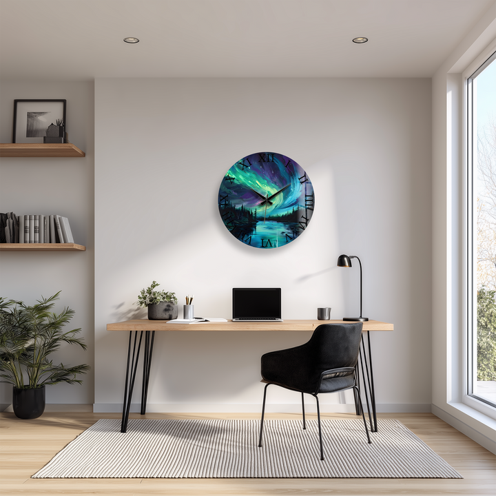Northern Lights Glass Wall Clock – Aurora Borealis Decor