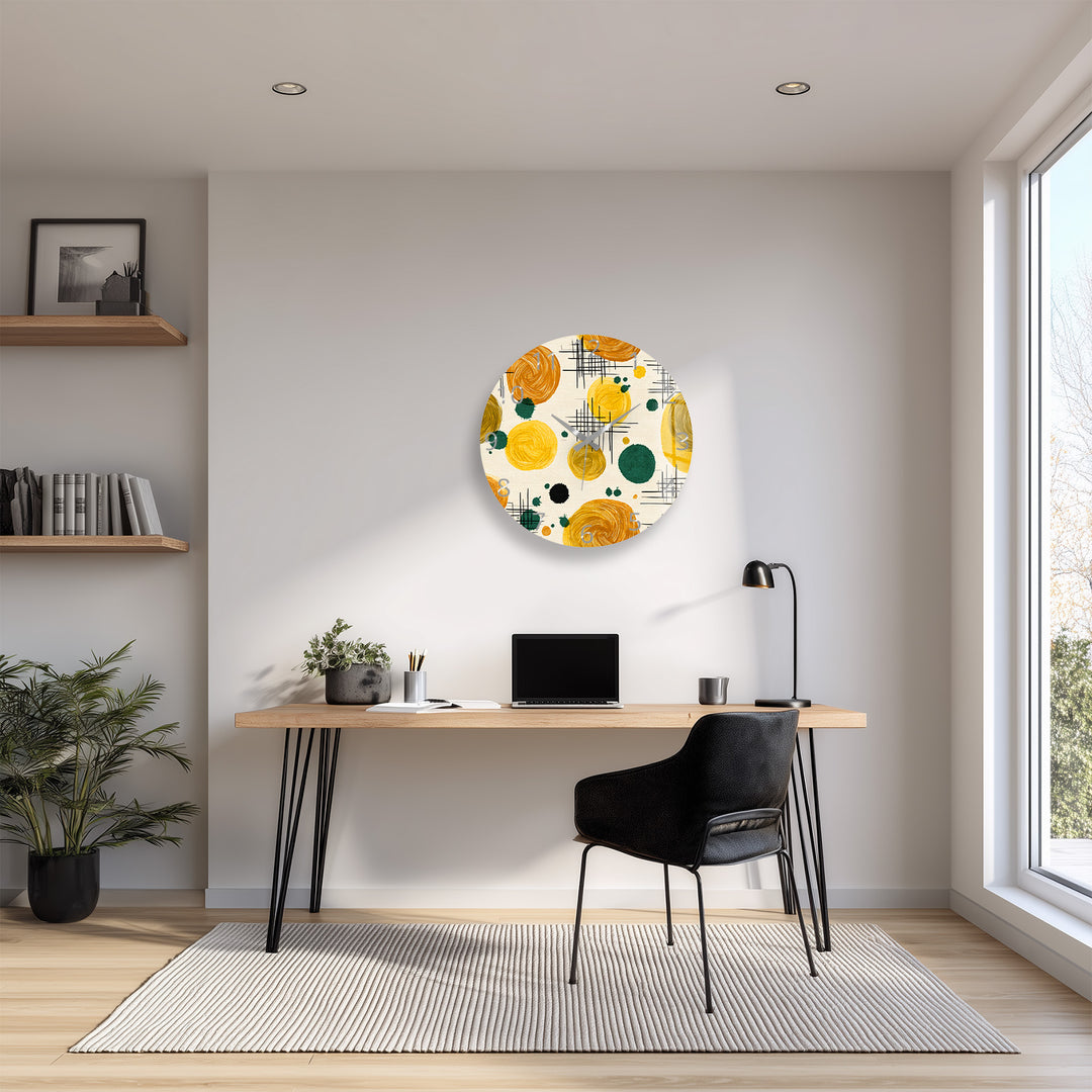 Mustard Yellow Glass Wall Clock – Retro Abstract Circle Art