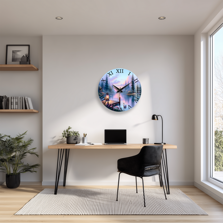 Swan Lake Glass Wall Clock – Pastel Forest Landscape