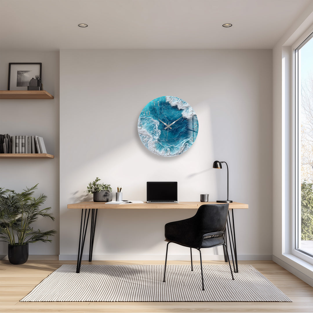 Ocean Waves Glass Wall Clock – Blue Coastal Beach House Decor