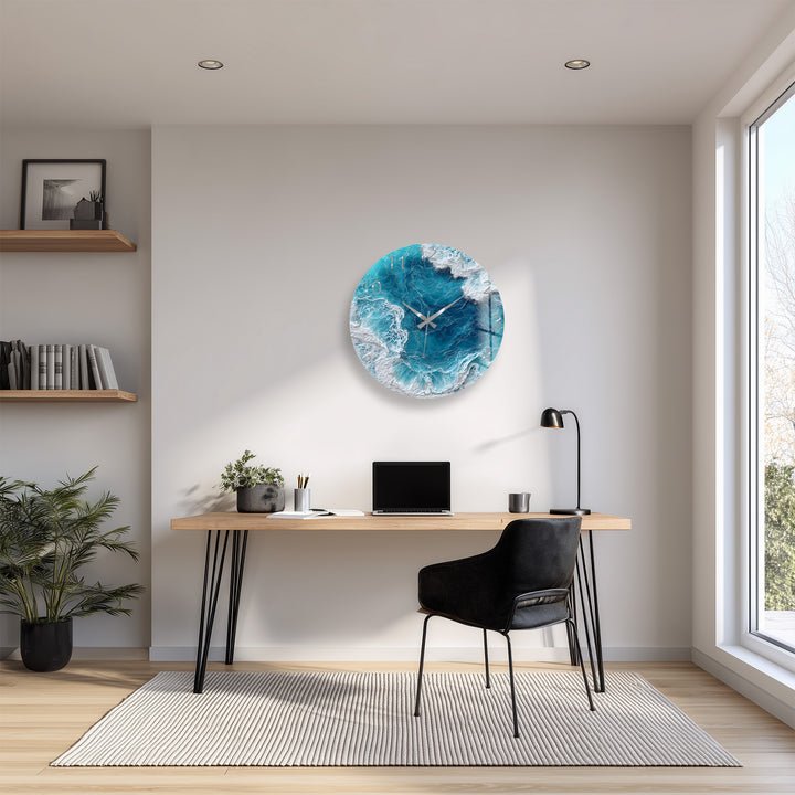 Ocean Waves Glass Wall Clock – Blue Coastal Beach House Decor