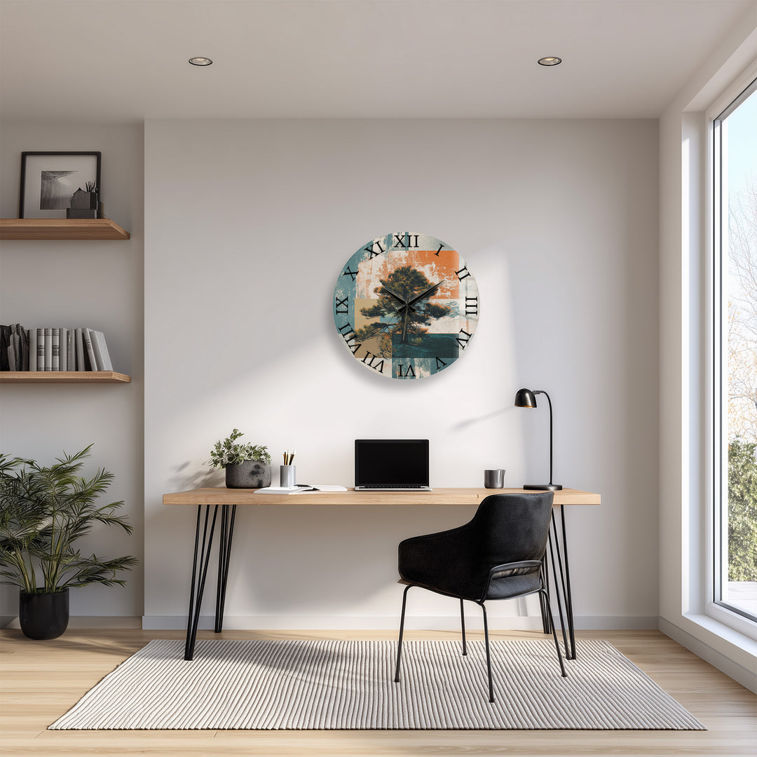 Mid Century Pine Tree Glass Wall Clock – Retro Nature Decor