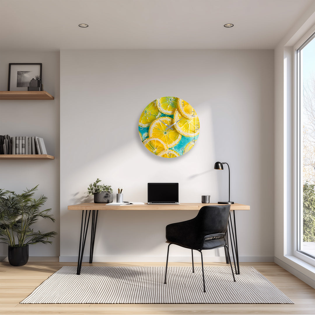 Yellow Lemon Glass Wall Clock – Bright Citrus Kitchen Decor