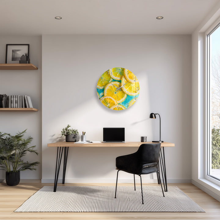 Yellow Lemon Glass Wall Clock – Bright Citrus Kitchen Decor