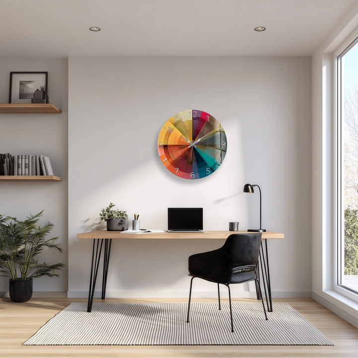 Colorful Geometric Glass Wall Clock – Retro Radial Art