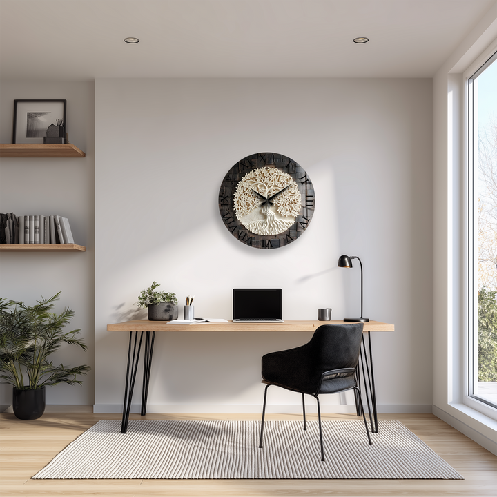 Tree of Life Glass Wall Clock – Rustic Wood Look Decor