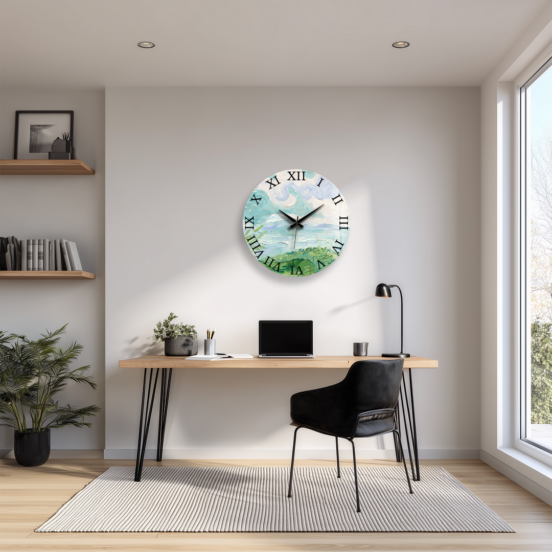 Pastellfarbene Küstenwanduhr aus Glas – abstrakte Meereslandschaftskunst