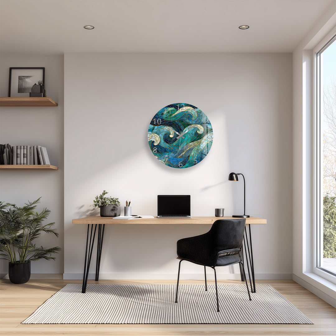 Blue Wave Glass Wall Clock – Abstract Stained Glass Style
