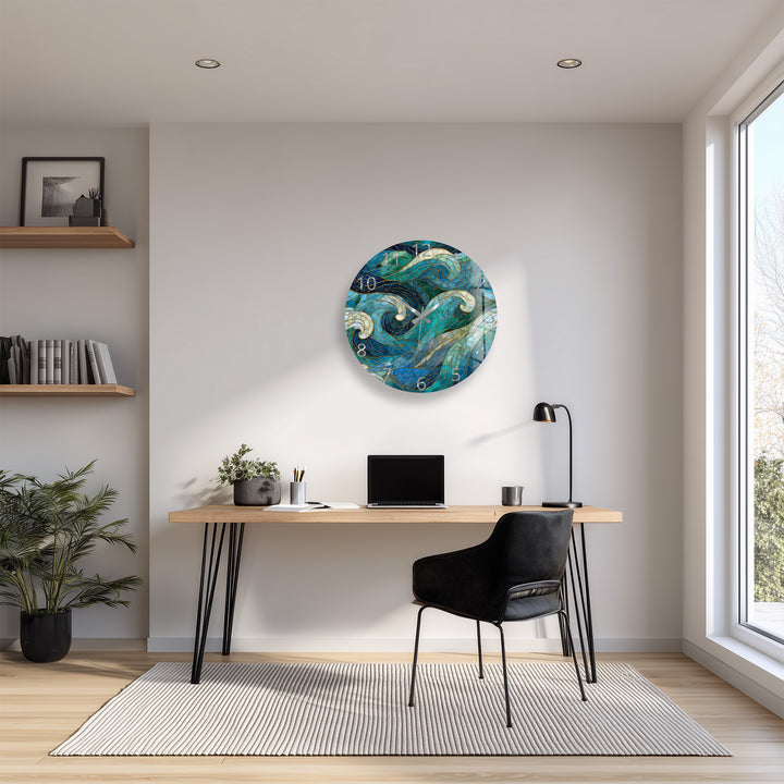 Blue Wave Glass Wall Clock – Abstract Stained Glass Style