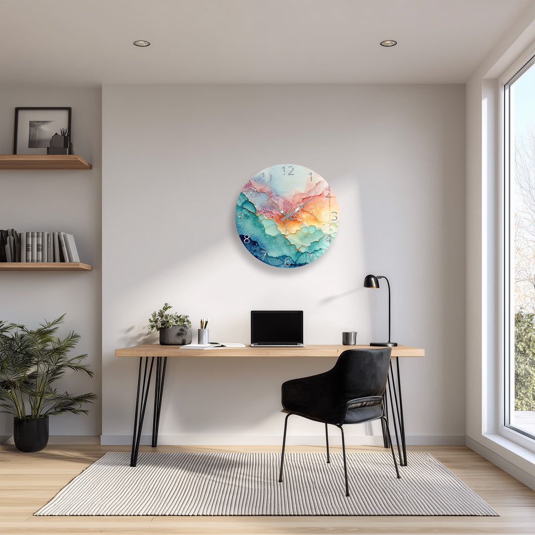 Pastel Fluid Art Glass Wall Clock – Pink and Teal Abstract Decor