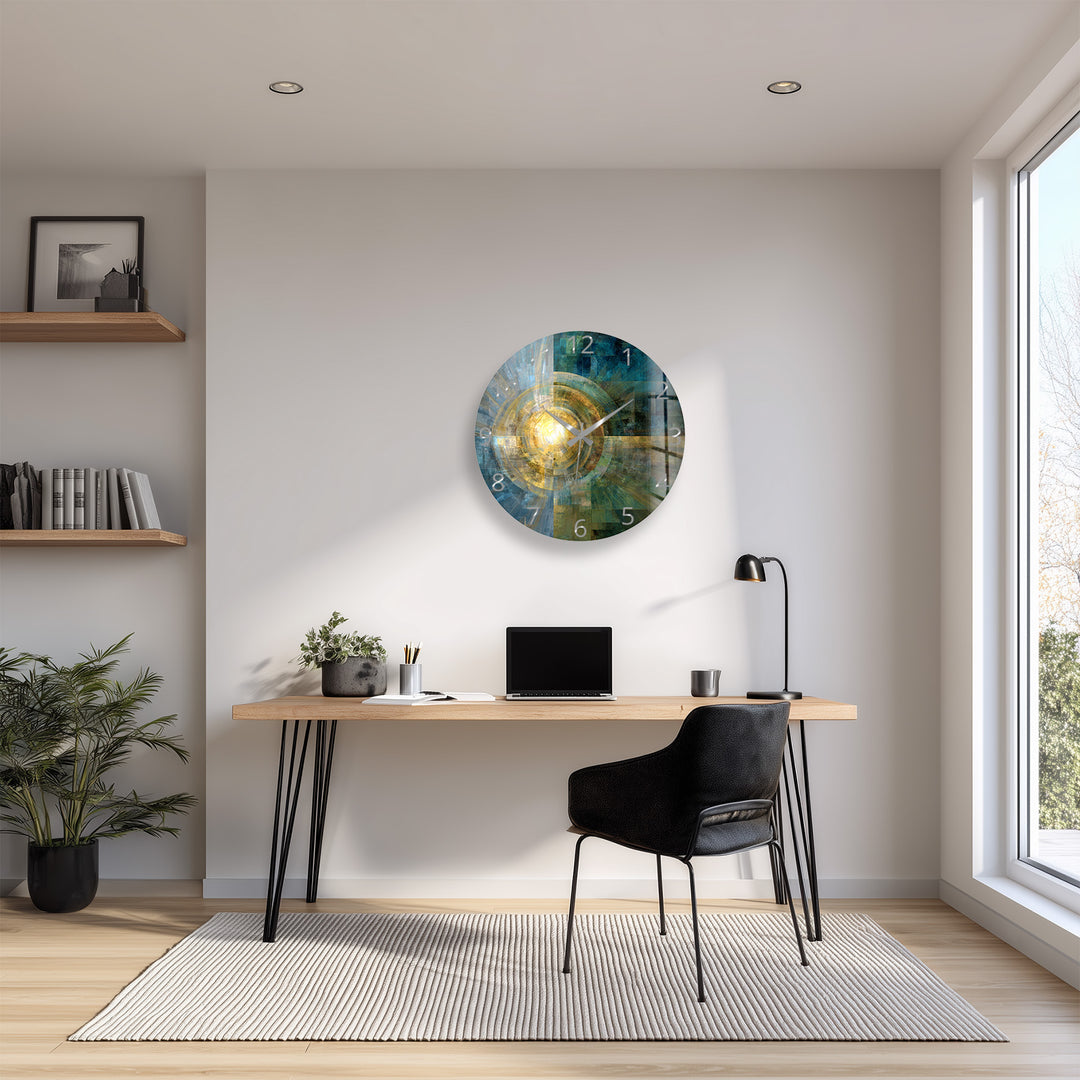 Teal and Gold Glass Wall Clock – Abstract Geometric Art