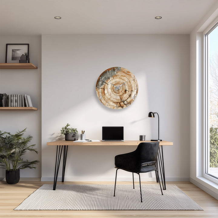 Tree Ring Glass Wall Clock – Rustic Wood Grain Decor