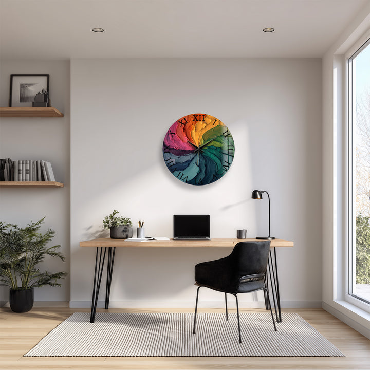Colorful Abstract Glass Wall Clock – Rainbow Oil Painting Art