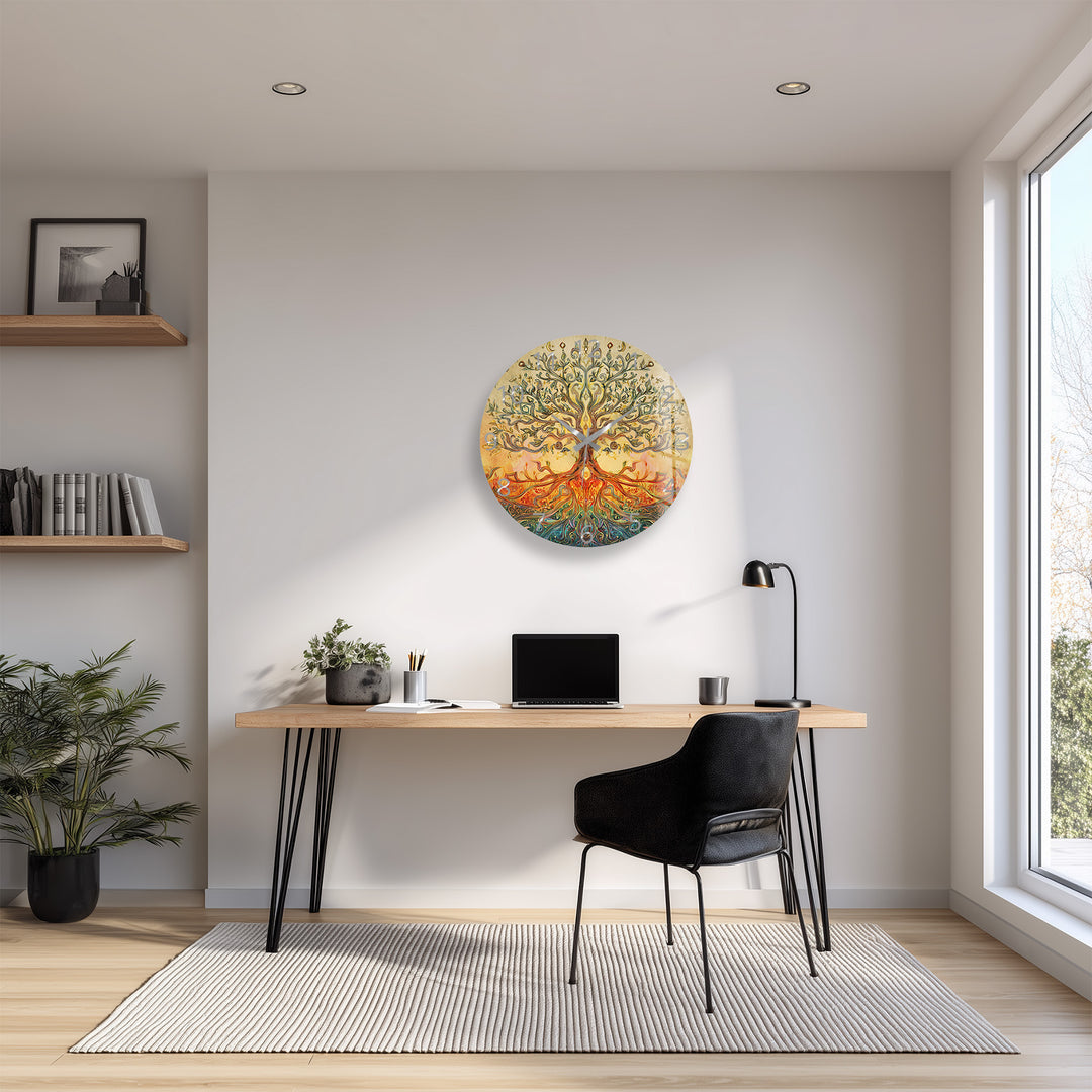 Golden Tree of Life Glass Wall Clock – Boho Botanical Decor
