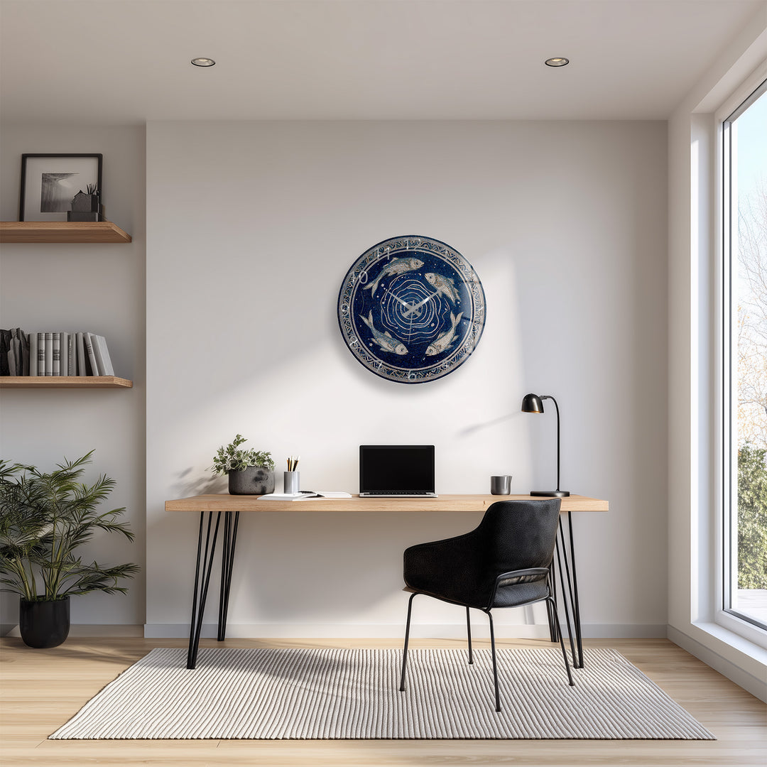 Blue Fish Mosaic Glass Wall Clock – Mediterranean Coastal Decor