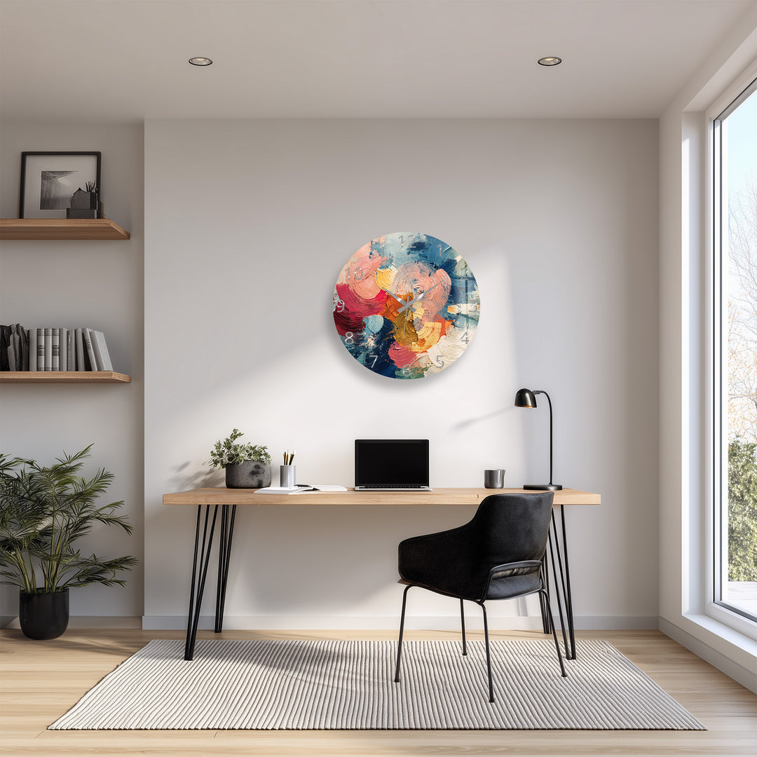 Colorful Abstract Glass Wall Clock – Textured Brushstroke Art