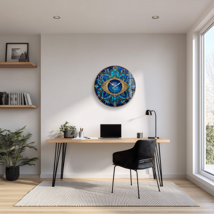 Evil Eye Glass Wall Clock – Blue Mandala Wall Decor