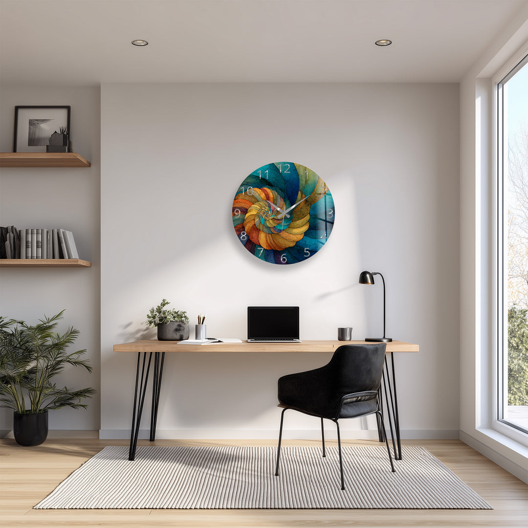 Abstract Spiral Glass Wall Clock – Teal and Gold Swirl Art