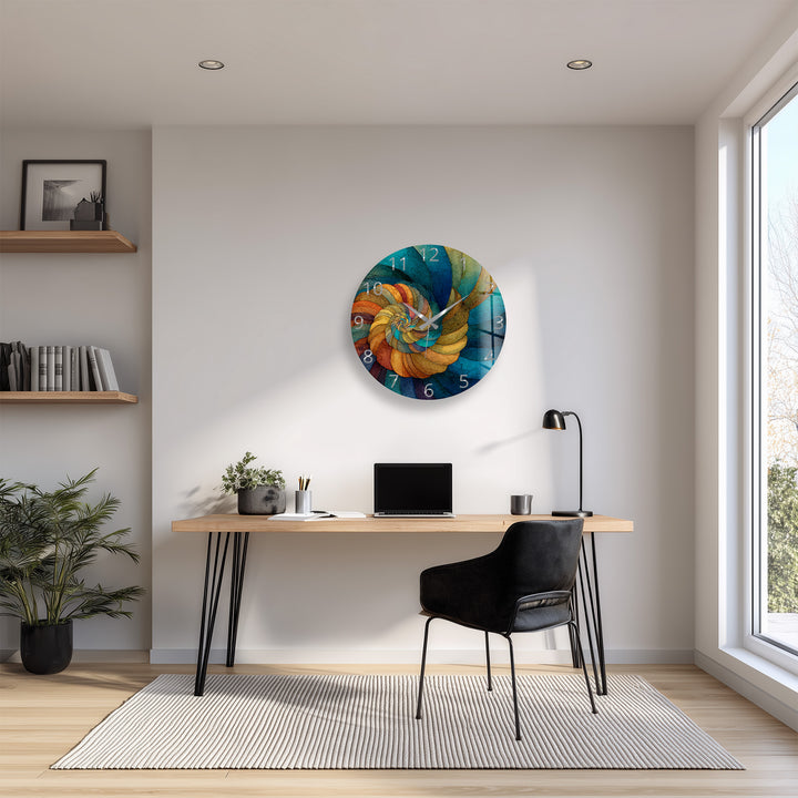 Abstract Spiral Glass Wall Clock – Teal and Gold Swirl Art