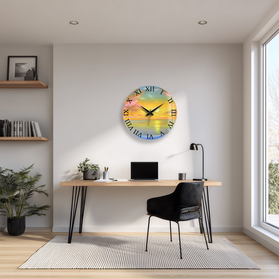 Ocean Sunset Glass Wall Clock – Golden Coastal Decor