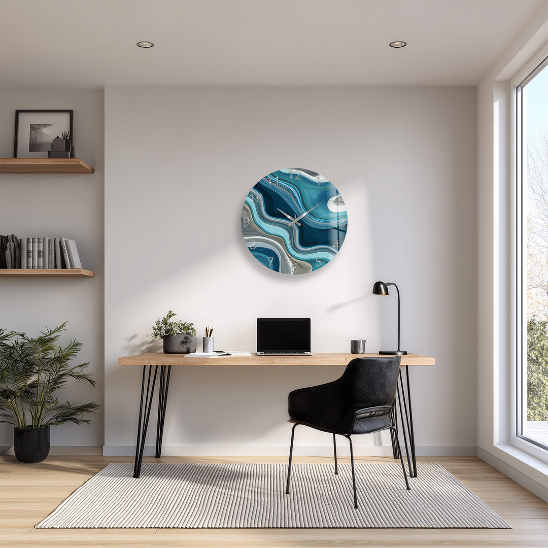 Blue Abstract Glass Wall Clock – Teal Wave Modern Decor