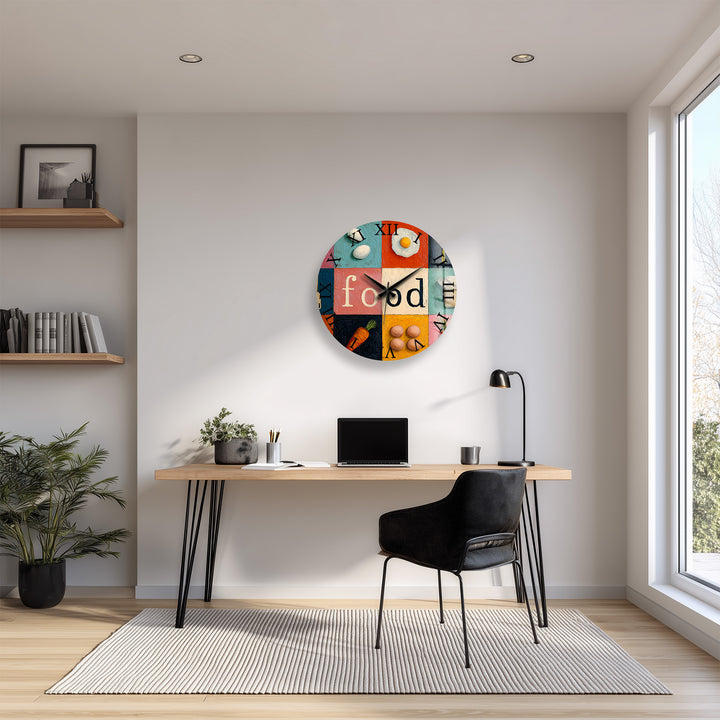 Colorful Food Glass Wall Clock – Retro Kitchen Decor