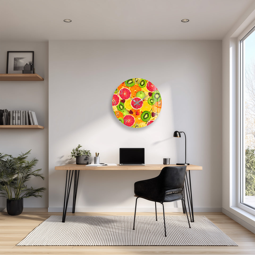 Colorful Fruit Glass Wall Clock – Citrus Kitchen Wall Decor
