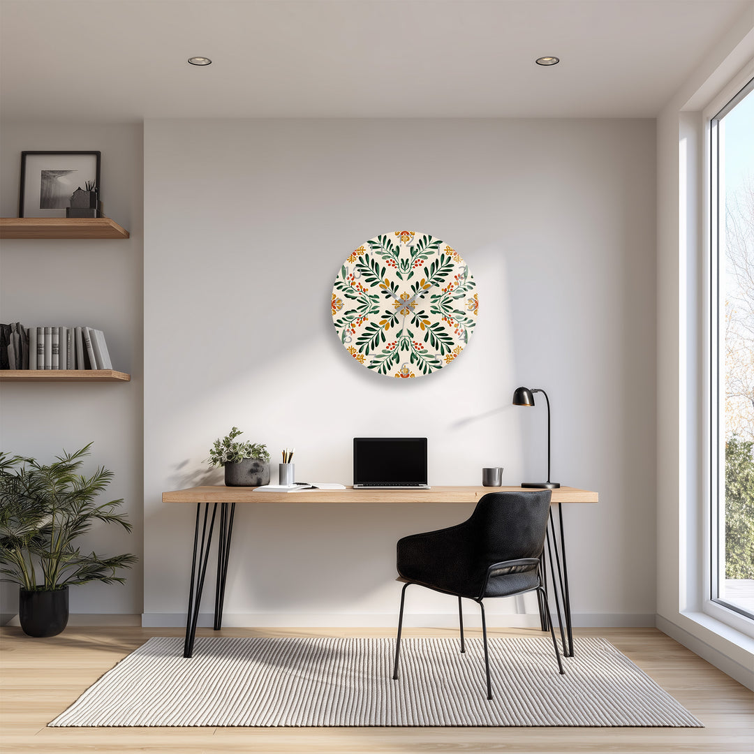 Botanical Glass Wall Clock – Green Leaf Farmhouse Decor