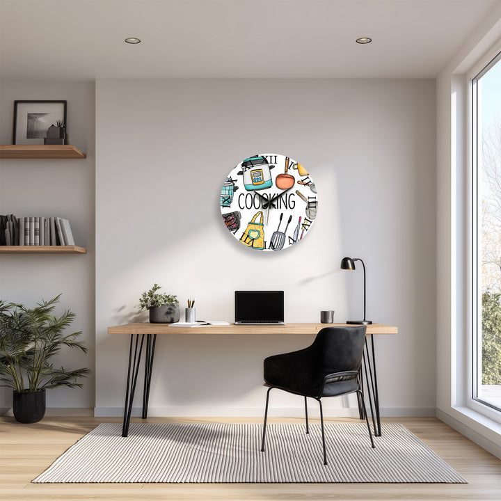 Colorful Cooking Glass Wall Clock – Kitchen Utensil Decor