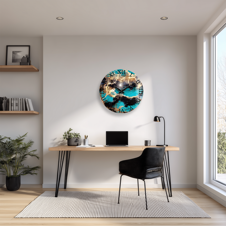 Turquoise and Gold Glass Wall Clock – Abstract Marble Decor
